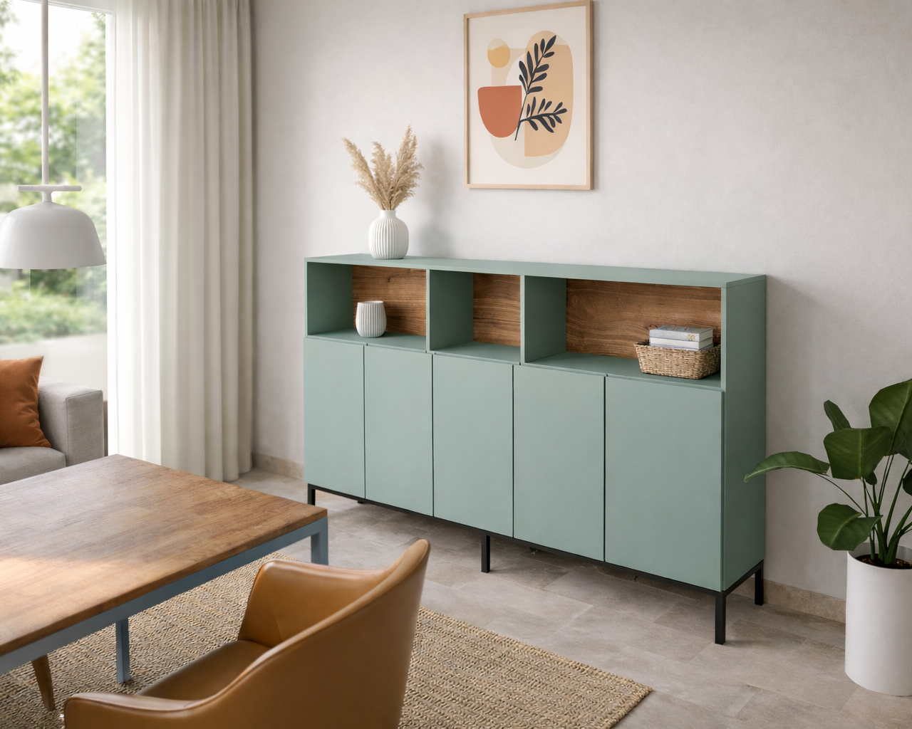 Fotorealistische 3D-Visualisierung aus einem CAD-Modell: modernes Sideboard in Salbeigrün mit schwarzen Metallfüßen und offenen Fächern mit Holzrückwand in heller Wohn- und Esszimmerszene.
