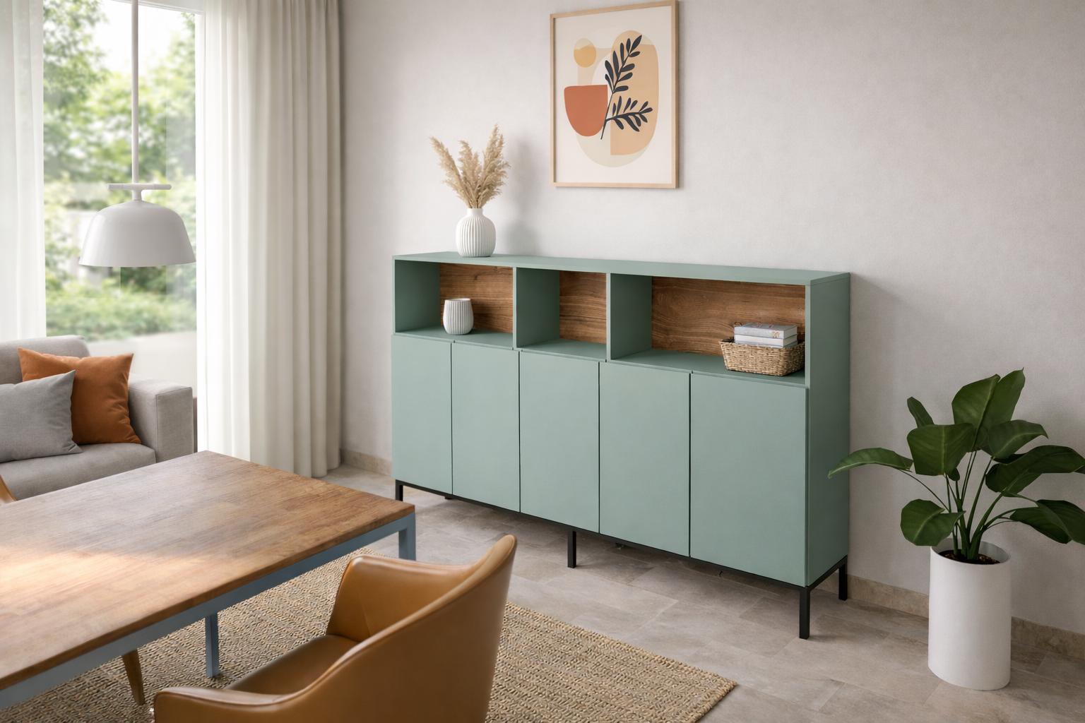 Fotorealistische 3D-Visualisierung aus einem CAD-Modell: modernes Sideboard in Salbeigrün mit schwarzen Metallfüßen und offenen Fächern mit Holzrückwand in heller Wohn- und Esszimmerszene.